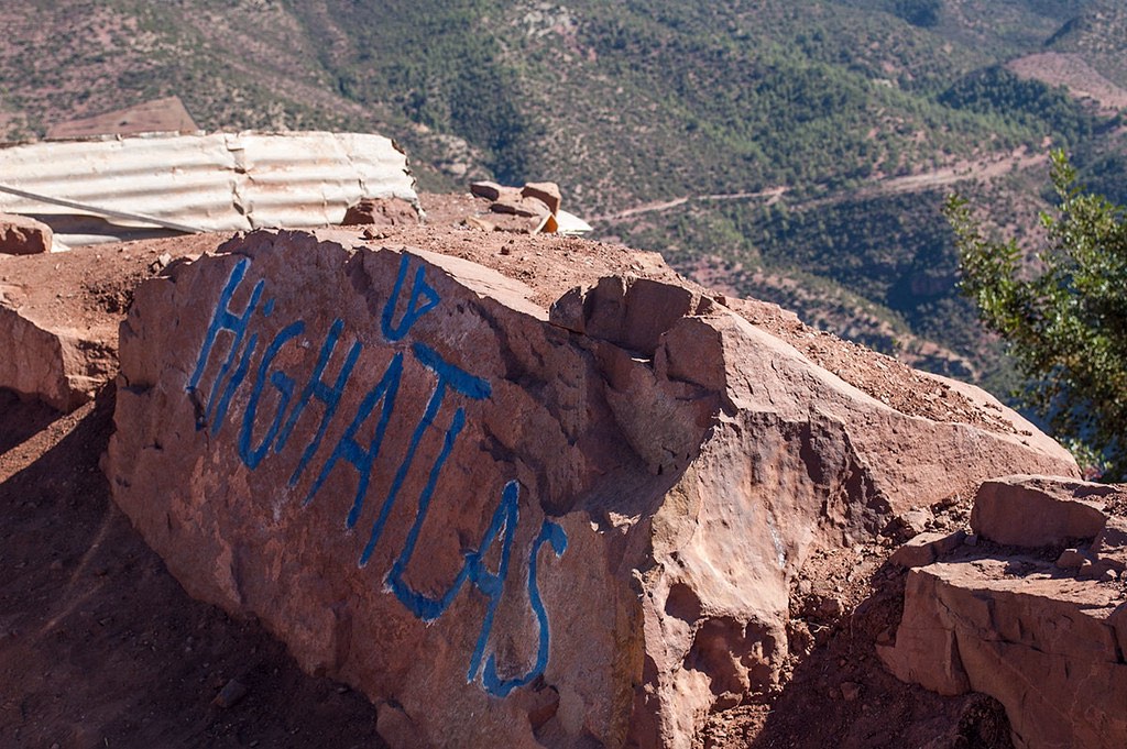 Sign saying High Atlas in the mountains